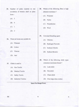 PGCET Textile 2018 question paper