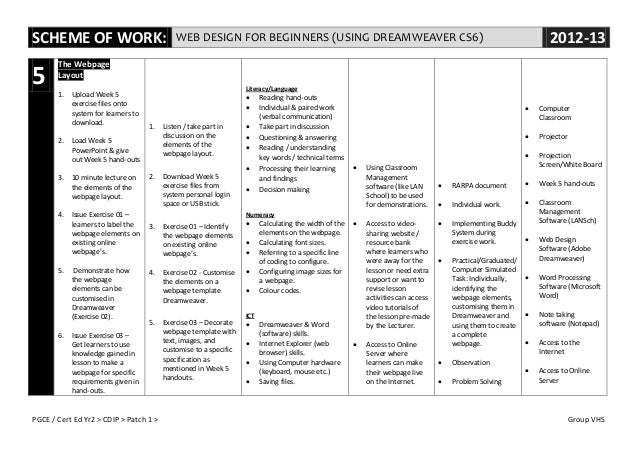 scheme of work for the web design for beginners using adobe dreamwea scheme of works