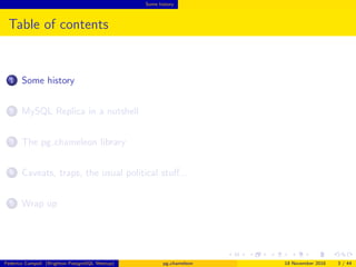 Some history
Table of contents
1 Some history
2 MySQL Replica in a nutshell
3 The pg chameleon library
4 Caveats, traps, the usual political stuﬀ...
5 Wrap up
Federico Campoli (Brighton PostgreSQL Meetup) pg chameleon 18 November 2016 3 / 44
 