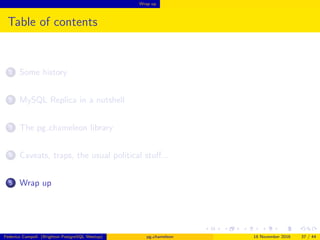 Wrap up
Table of contents
1 Some history
2 MySQL Replica in a nutshell
3 The pg chameleon library
4 Caveats, traps, the usual political stuﬀ...
5 Wrap up
Federico Campoli (Brighton PostgreSQL Meetup) pg chameleon 18 November 2016 37 / 44
 