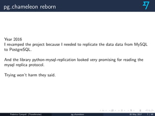 pg chameleon reborn
Year 2016
I revamped the project because I needed to replicate the data data from MySQL
to PostgreSQL....