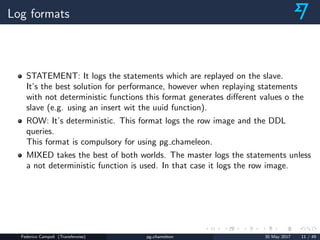 Log formats
STATEMENT: It logs the statements which are replayed on the slave.
It’s the best solution for performance, how...