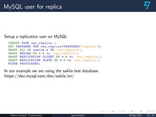 MySQL user for replica
Setup a replication user on MySQL
CREATE USER usr_replica ;
SET PASSWORD FOR usr_replica =PASSWORD(...