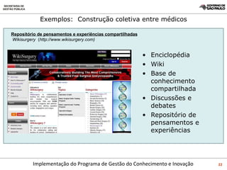 Exemplos:  Construção coletiva entre médicos Enciclopédia Wiki Base de conhecimento compartilhada Discussões e debates Repositório de pensamentos e experiências Repositório de pensamentos e experiências compartilhadas Wikisurgery  ( http://www.wikisurgery.com)  
