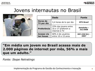 Jovens internautas no Brasil “ Em média um jovem no Brasil acessa mais de 2.000 páginas de internet por mês, 56% a mais que um adulto.” Fonte: Ibope Netratings Dado Fonte Horas de TV por dia 3,4 horas de tv por dia MTV Brasil Preferência 33% dos jovens entre 16 e 17 preferem a internet à TV Datafolha – Jul/2008 Acesso via lan house 68% é de usuários entre 10 e 15 anos NIC (CGI Br) - 2007 