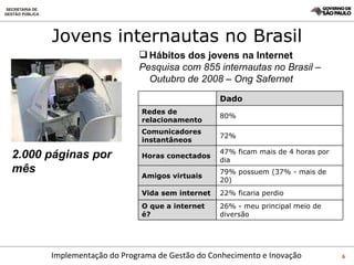 Jovens internautas no Brasil Hábitos dos jovens na Internet Pesquisa com 855 internautas no Brasil – Outubro de 2008 – Ong Safernet 2.000 páginas por mês Dado Redes de relacionamento 80%  Comunicadores instantâneos 72% Horas conectados 47% ficam mais de 4 horas por dia Amigos virtuais 79% possuem (37% - mais de 20) Vida sem internet 22% ficaria perdio O que a internet é? 26% - meu principal meio de diversão 