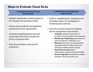 Steps to Evaluate Cloud SLAs
           5. Evaluate Security & Privacy             6. Identify Service Management
                   Requirements                                 Requirements

• Establish classification scheme based on   • Uniform, straightforward, transparent and
  the criticality and sensitivity of data      extensible system for managing and
                                               monitoring cloud services
• Assess asset sensitivity and application
  operational security requirements          • Cloud SLA should include the following
                                               service management requirements:
• Understand legal/regulatory laws and            •   Auditing (unbiased assessment of
  requirements that exist to protect the              provider’s internal systems and measures)
  privacy of personal data                        •   Monitoring & Reporting (performance &
                                                      load management, notification, etc.)
                                                  •   Metering (assurance of accurate billing,
• Audit cloud provider’s security SLA                 segregate billing for different services,
  compliance                                          handle geo-related taxation issues)
                                                  •   Rapid Provisioning (speed,
                                                      customization, testing, demand flexibility)
                                                  •   Service Upgrades (develop/test, problem
                                                      resolution, back out process, etc.



                                                                                             9
 