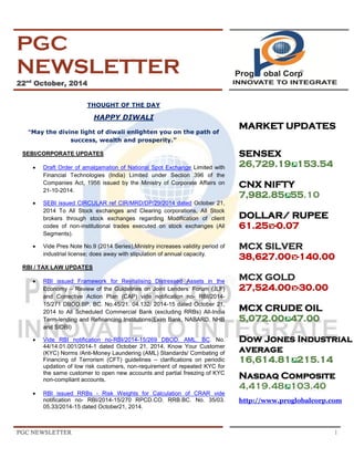 PGC NEWSLETTER 1 
PGC NEWSLETTER 22nd October, 2014 
THOUGHT OF THE DAY HAPPY DIWALI “May the divine light of diwali enlighten you on the path of success, wealth and prosperity.” SEBI/CORPORATE UPDATES 
 Draft Order of amalgamation of National Spot Exchange Limited with Financial Technologies (India) Limited under Section 396 of the Companies Act, 1956 issued by the Ministry of Corporate Affairs on 21-10-2014. 
 SEBI issued CIRCULAR ref CIR/MRD/DP/29/2014 dated October 21, 2014 To All Stock exchanges and Clearing corporations, All Stock brokers through stock exchanges regarding Modification of client codes of non-institutional trades executed on stock exchanges (All Segments). 
 Vide Pres Note No.9 (2014 Series),Ministry increases validity period of industrial license; does away with stipulation of annual capacity. 
RBI / TAX LAW UPDATES 
 RBI issued Framework for Revitalising Distressed Assets in the Economy – Review of the Guidelines on Joint Lenders’ Forum (JLF) and Corrective Action Plan (CAP) vide notification no- RBI/2014- 15/271 DBOD.BP. BC. No.45/21. 04.132/ 2014-15 dated October 21, 2014 to All Scheduled Commercial Bank (excluding RRBs) All-India Term-lending and Refinancing Institutions(Exim Bank, NABARD, NHB and SIDBI) 
 Vide RBI notification no-RBI/2014-15/269 DBOD. AML. BC. No. 44/14.01.001/2014-1 dated October 21, 2014, Know Your Customer (KYC) Norms /Anti-Money Laundering (AML) Standards/ Combating of Financing of Terrorism (CFT) guidelines – clarifications on periodic updation of low risk customers, non-requirement of repeated KYC for the same customer to open new accounts and partial freezing of KYC non-compliant accounts. 
 RBI issued RRBs - Risk Weights for Calculation of CRAR vide notification no- RBI/2014-15/270 RPCD.CO. RRB.BC. No. 35/03. 05.33/2014-15 dated October21, 2014. 
MARKET UPDATES SENSEX 
26,729.19153.54 CNX NIFTY 
7,982.8555.10 DOLLAR/ RUPEE 
61.25-0.07 MCX SILVER 38,627.00-140.00 MCX GOLD 27,524.00-30.00 MCX CRUDE OIL 5,072.0047.00 Dow Jones Industrial average 16,614.81215.14 Nasdaq Composite 4,419.48103.40 
http://www.proglobalcorp.com 