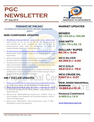 PGC NEWSLETTER 14TH AUG, 2014 1
PGC
NEWSLETTER
16th
Aug 2014
THOUGHT OF THE DAY
“THE WORDS THAT ENLIGHTEN THE SOUL ARE MORE PRECIOUS THAN
JEWELS.”
SEBI/COMPANIES UPDATES
• MCA (Ministry of Corporate Affairs)- In exercise of the powers conferred under
sections 173,175, 177, 178, 179, 184, 185, 186, 187, 188, 189 and section 191
read with section 469 of the Companies Act, 2013 (18 of 2013), the
Central Government hereby makes the following rules to amend the
Companies (Meetings of Board and its Powers) Rules, 2014.
• The Airport Economic Authority Regulatory Authority Appellate Tribunal has upheld the
Mumbai airport's decision to penalise private jets and chartered planes for staying
beyond 48 hours.
• Reliance Communications (RCom), reported a 21.4 per cent increase in net profit during
the quarter ended June at Rs 132 crore, backed by higher voice call rates.
• Directorate General of Civil Aviation (DGCA) has decided to conduct surprise checks on
Indian and international scheduled carriers as well as non-scheduled operators every
month, in a move aimed at ensuring better safety for flyers.
• State-run fertliser maker RCF is planning to set up a subsidiary 'RCF Videsh' that will
specifically focus on ventures and assets abroad where feedstock natural gas is cheap or
raw materials like phosphate are available in abundance.
RBI / TAX LAW UPDATES
• RBI/2014-15/175 DBOD. AML. No. 2472/14.06.001/2014-15, Implementation of Section
51-A of UAPA, 1967 – Updates of the UNSCR 1988(2011) Taliban Sanctions List.
• RBI/2014-15/176 DBOD.AML.No.2476/14.06.001/2014-15, Implementation of Section
51-A of UAPA, 1967- Updates of the UNSCR 1267(1999) / 1989(2011) Committee's Al
Qaida Sanctions List.
• RBI/2014-15/182 DBOD.No.BP.BC.33/21.04.048/2014-15, Prudential Norms on
Income Recognition, Asset Classification and Provisioning Pertaining to Advances -
Projects under Implementation.
• RBI/2014-15/179 DPSS.CO.PD.No. 316/02.10.002/2014-2015, Usage of ATMs –
Rationalisation of number of free transactions.
MARKET UPDATES
SENSEX
26,103.23 184.28
CNX NIFTY
7,791.70 52.15
DOLLAR/ RUPEE
60.76 - 0.04
MCX SILVER
43,300.0 - 0.04
MCX GOLD
28,610.0 - 78.0
MCX CRUDE OIL
5,827.0 - 2.07
Dow Jones Industrial
Average
16,663.0 -51.0
Nasdaq Composite
4,465.0 12.0
WWW.PROGLOBALCORP.COM
 