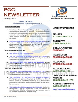 PGC NEWSLETTER 1
PGC
NEWSLETTER
15th
May, 2015
THOUGHT OF THE DAY
“ Moderation is the key of lasting enjoyment ...”
ECONOMIC UPDATES
 Cabinet clears Benami Transactions Bill; provides for severe penalties
and upto 7 years of sentence for offenders. The Benami Transactions
(Prohibition) (Amendment) Bill, 2015 provides for attachment and
confiscation of benami properties and also fine with imprisonment.
This is one more initiative to fight the menace of black money inside
the country.
 RBI relaxes second factor authentication for contactless cards upto Rs
2,000. Beyond this transaction limit, the card has to be processed as a
contact payment and authentication with PIN will be mandatory.
(RBI/2014-15/601 DPSS.CO.PD.No.2163/ 02.14. 003/2014-2015
dated May 14, 2015)
SEBI/CORPORATE UPDATES
 SEBI releases FAQs on 'Debenture Trustee'.
 Vide ICSI clarifications on Secretarial Standards, it is clarified that
Secretarial Standards 1 and 2 would apply to meetings in respect of
which notices are issued after June 30, 2015.
 Vide Judgement passed under Madras Bar Association Versus
Union Of India & Anr., Supreme Court upholds the constitutional
validity of National Company Law Tribunal
RBI/TAX LAW UPDATES
 Vide Circular 8/2015 dated 14th May, 2015 issued by CBDT, CBDT
prescribes procedure to provide online response to outstanding tax
demands in case of e-filing of return.
 Vide Notification ref RBI/2014-15/593 DCBR.BPD.(MSCB).Cir
No.1/13.05.000/2014-15 dated 14-05-2015, Guidelines on Sale of
financial assets to Securitization Company (SC)/ Reconstruction
Company (RC) - Reversal of excess provision on sale of NPAs to SC/RC
has been issued.
 Vide RBI Circular ref RBI/2014-15/596A.P. (DIR Series) Circular No.
98 dated May 14, 2015, it is clarified that A2 form is to be filed at the
time of purchase of foreign exchange using rupee funds and hence is
not applicable while remitting FCNR (B) funds.
MARKET UPDATES
SENSEX
27,276.28 70.22
CNX NIFTY
8,247.90 23.70
DOLLAR/ RUPEE
63.56 -0.1.
MCX SILVER
39,675.00 -69.00
MCX GOLD
27,388.00 -46.00
MCX CRUDE OIL
3,797.00 21.00
Dow Jones Industrial
average
18,252.24 191.75
Nasdaq Composite
5,050.80 69.10
http://www.proglobalcorp.com
 