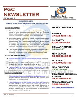 PGC NEWSLETTER 1
PGC
NEWSLETTER
26th
May, 2015
THOUGHT OF THE DAY
“Respect is earned; Honesty is appreciated; Trust is gained and Loyalty
is returned ...”
ECONOMIC UPDATES
 The income tax department seems to be finding ways to expedite the
process of linking permanent account number (PAN) with the unique
identity number Aadhaar, a step that could eliminate duplicate PANs and
assist the government in taking action against those evading tax.
 Government banks to stay closed on 2nd and 4th Sat from July. Indian
Banks’ Association (IBA) has also signed a wage settlement pact with the
United Forum of Bank Unions and a few others, for a 15 per cent increase
in salary and allowances to about a million employees. The wage revision
is with effect from November 1, 2012, and is valid for five years. PSBs are
expected to begin to pay the arrears from this month, Bhasin said
 There is a need to make the State Level Coordination Committees (SLCCs)
more active and effective even though the progress made by them is
satisfactory with regard to holding quarterly meetings, according to RBI.
SEBI/CORPORATE UPDATES
 SEBI has issued FAQ’s on SEBI (Foreign Portfolio Investors) Regulations,
2014.
 Last date to file Annual Return of LLP in Form 11 for Financial Year 2014-
15 is 30th May, 2015. After that Penalty of Rs.100 per day.
 Vide Public Notice No. 14(RE 2013)/2009-14 dated 25th May, 2015 issued
by DGFT, it is clarified that The ANF 3B-2 shall be filed for claiming
benefit under the Served from India Scheme (SFIS) for the year 2014-15.
RBI/TAX LAW UPDATES
 Vide Notification No. 30/2015-Central Excise dated 25th May, 2015 issued
by CBEC whereby amendments in notification No. 22/2003-Central
Excise, dated the 31st March, 2003.
 Vide Notification No. 21/2015-Customs (ADD) dated 22nd May, 2015
issued by CBEC Seeks to levy definitive anti-dumping duty on imports of
Cast Aluminium Alloy Wheels or Alloy Road Wheels, originating in or
exported from People’s Republic of China, Korea RP and Thailand for a
period of five years from the date of imposition of the provisional anti-
dumping duty, that is, 11th April, 2014.
MARKET UPDATES
SENSEX
27,592.45 -51.43
CNX NIFTY
8,354.30 -15.95
DOLLAR/ RUPEE
63.84 0.27.
MCX SILVER
38,078.00 -62.00
MCX GOLD
27,070.00 -91.00
MCX CRUDE OIL
3,839.00 9.00
Dow Jones Industrial
average
18,232.02 -53.72
Nasdaq Composite
5,089.36 -1.43
http://www.proglobalcorp.com
 