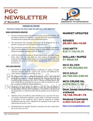 PGC NEWSLETTER 1
PGC
NEWSLETTER
2nd
March,2015
THOUGHT OF THE DAY
“Success is simple. Do what’s right, the right way, at the right time.”
SEBI/CORPORATE UPDATES
 The new investment pattern for provident funds, to be notified shortly, will
prescribe investment of minimum 5 percent and up to 15 percent of the
investible funds in equity and equity related instruments.
 The government had yesterday announced cut in corporate tax by 5
percent to 25 percent over four years starting April 2016.
 The government proposed the merger of Forward Markets Commission
(FMC) and Securities and Exchange Board of India (SEBI) which would
bring all commodity exchanges under the SEBI Act.
 100% Tax benefits for donation to ‘Swachh Bharat Kosh’ and ‘Clean Ganga
Fund’ other than the sum spent by such assessee in pursuance of
Corporate Social Responsibility under sub-section (5) of section 135 of the
Companies Act, 2013. It will take effect retrospectively from assessment
year 2015-16.
TAX LAW UPDATES
 Amendment in section 80D relating to deduction in respect of health
insurance premium from Rs. 15,000 to Rs. 25,000; and additional for
senior citizens from Rs. 20,000 to Rs. 30,000.
 No change in the rate of personal income-tax and the rate of tax for
companies in respect of income earned in the financial year 2015-16,
assessable in the assessment year 2016-17. During his Budget speech, FM
Arun Jaitley said an individual tax payer can claim tax benefits for up to
Rs. 4, 44,200 in addition to the tax exemption.
 Government to come out with a modified General Anti-Avoidance Rules by
incorporating provisions of the organisation of Economic Cooperation and
Developmentso as to effectively deal with the problem of tax avoidance by
MNCs.
 Abolition of levy of wealth-tax under Wealth-tax Act, 1957 from FY 2015-
16 onwards. Information relating to assets which is currently required to
be furnished in the wealth-tax return shall be captured by suitably
modifying income-tax return. Additional 2% surcharge for the super rich
with income of over Rs. 1 crore.
 Threshold limit for specified domestic transaction has been raised from
Rs. 5 crore to Rs. 20 crore.
MARKET UPDATES
SENSEX
29,351.50 -10.00
CNX NIFTY
8,917.10 15.25
DOLLAR/ RUPEE
61.86 0.04.
MCX SILVER
37,100.00 384.00
MCX GOLD
26,725.00 248.00
MCX CRUDE OIL
3,075.00 11.00
Dow Jones Industrial
average
18,132.70 -81.72
Nasdaq Composite
4,963.53 -24.36
http://www.proglobalcorp.com
 