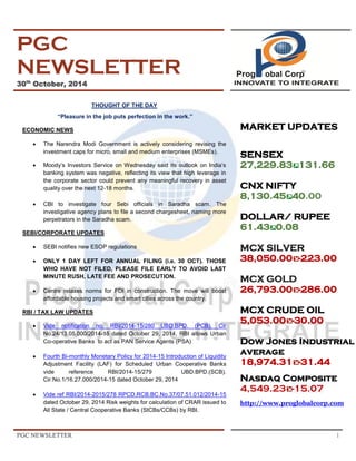 PGC NEWSLETTER 1 
PGC NEWSLETTER 30th October, 2014 
THOUGHT OF THE DAY “Pleasure in the job puts perfection in the work.” ECONOMIC NEWS 
 The Narendra Modi Government is actively considering revising the investment caps for micro, small and medium enterprises (MSMEs). 
 Moody’s Investors Service on Wednesday said its outlook on India’s banking system was negative, reflecting its view that high leverage in the corporate sector could prevent any meaningful recovery in asset quality over the next 12-18 months. 
 CBI to investigate four Sebi officials in Saradha scam. The investigative agency plans to file a second chargesheet, naming more perpetrators in the Saradha scam. 
SEBI/CORPORATE UPDATES 
 SEBI notifies new ESOP regulations 
 ONLY 1 DAY LEFT FOR ANNUAL FILING (i.e. 30 OCT). THOSE WHO HAVE NOT FILED, PLEASE FILE EARLY TO AVOID LAST MINUTE RUSH, LATE FEE AND PROSECUTION. 
 Centre relaxes norms for FDI in construction. The move will boost affordable housing projects and smart cities across the country. 
RBI / TAX LAW UPDATES 
 Vide notification no. RBI/2014-15/280 UBD.BPD. (PCB). Cir No.24/13.05.000/2014-15 dated October 29, 2014, RBI allows Urban Co-operative Banks to act as PAN Service Agents (PSA) 
 Fourth Bi-monthly Monetary Policy for 2014-15 Introduction of Liquidity Adjustment Facility (LAF) for Scheduled Urban Cooperative Banks vide reference RBI/2014-15/279 UBD.BPD.(SCB). Cir.No.1/16.27.000/2014-15 dated October 29, 2014 
 Vide ref RBI/2014-2015/278 RPCD.RCB.BC.No.37/07.51.012/2014-15 dated October 29, 2014 Risk weights for calculation of CRAR issued to All State / Central Cooperative Banks (StCBs/CCBs) by RBI. 
MARKET UPDATES SENSEX 
27,229.83131.66 CNX NIFTY 
8,130.4540.00 DOLLAR/ RUPEE 
61.430.08 MCX SILVER 38,050.00-223.00 MCX GOLD 26,793.00-286.00 MCX CRUDE OIL 5,053.00-30.00 Dow Jones Industrial average 18,974.31-31.44 Nasdaq Composite 4,549.23-15.07 
http://www.proglobalcorp.com 