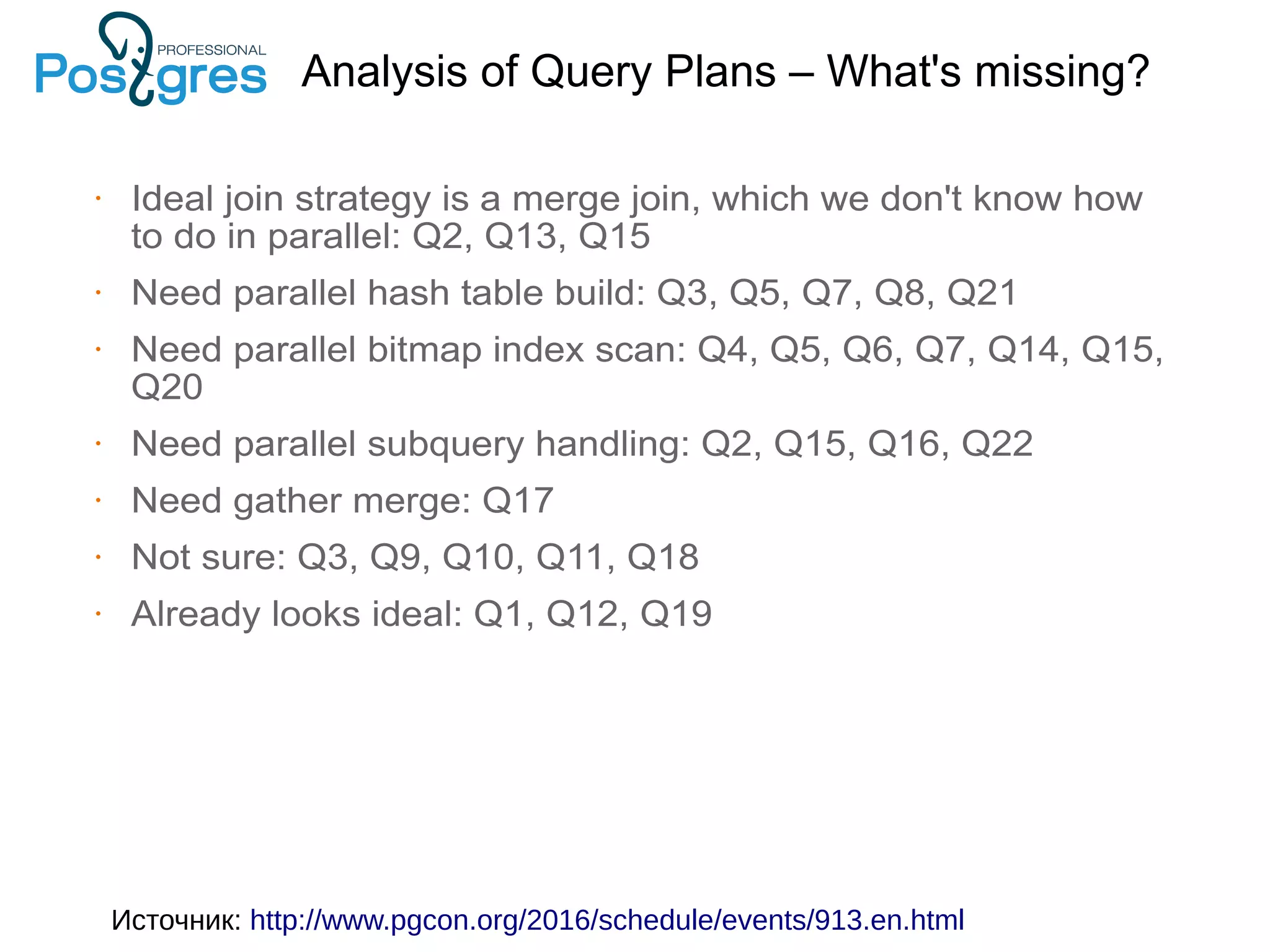 • Ideal join strategy is a merge join, which we don't know how to do in parallel: Q2, Q13, Q15 • Need parallel hash table build: Q3, Q5, Q7, Q8, Q21 • Need parallel bitmap index scan: Q4, Q5, Q6, Q7, Q14, Q15, Q20 • Need parallel subquery handling: Q2, Q15, Q16, Q22 • Need gather merge: Q17 • Not sure: Q3, Q9, Q10, Q11, Q18 • Already looks ideal: Q1, Q12, Q19 Analysis of Query Plans – What's missing? Источник: http://www.pgcon.org/2016/schedule/events/913.en.html 