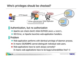 Who's privileges should be checked?

                                                            privilege                                                         access
                                                                                                   privilege                  control
                    HTTP Request
                                                                                                                               Filesystem


                                                                                                                    access
  Clients                                     HTTP Authentication Web Application
                                               HTTP Authentication                                                  control

                                                                                                                     Database

▐ Authentication, but no authorization
           Apache can check client's Web-ID/PASS                                                     (BASIC or DIGEST).
           403 Error, or Apache launches web-application handlers.
▐ Problem
           Web-application performs with identical privilege of daemon process.
           It means OS/RDBMS cannot distinguish individual web-users.
           Web-applications have to work always correctly?
           It means web-applications have to be bugs/vulnerabilities free?
 Page 22      The PostgreSQL Conference 2010, LAPP/SELinux -A secure web application stack using SE-PostgreSQL-
 