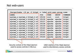 Not web-users

   [kaigai@saba ~]$ ps -C httpd -o label,pid,user,group,comm
   LABEL                                                                       PID                 USER        GROUP    COMMAND
   system_u:system_r:httpd_t:s0                                                25132               root        root     httpd
   system_u:system_r:httpd_t:s0                                                25136               apache      apache   httpd
   system_u:system_r:httpd_t:s0                                                25137               apache      apache   httpd
   system_u:system_r:httpd_t:s0                                                25138               apache      apache   httpd
   system_u:system_r:httpd_t:s0                                                25139               apache      apache   httpd
   system_u:system_r:httpd_t:s0                                                25140               apache      apache   httpd
   system_u:system_r:httpd_t:s0                                                25141               apache      apache   httpd
   system_u:system_r:httpd_t:s0                                                25142               apache      apache   httpd
   system_u:system_r:httpd_t:s0                                                25143               apache      apache   httpd
   system_u:system_r:httpd_t:s0                                                25144               apache      apache   httpd



  Security context of the httpd daemon                                                   UNIX Uid/Gid of the httpd daemon
   used to access controls in SELinux                                                   used to discretionary access controls

 Page 24   The PostgreSQL Conference 2010, LAPP/SELinux -A secure web application stack using SE-PostgreSQL-
 