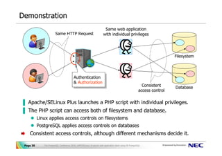 Demonstration
                                                                          Same web application
                         Same HTTP Request                               with individual privileges




                                                                                                                             Filesystem




                                           Authentication
                                            Authentication
                                           & Authorization
                                            & Authorization                                                   Consistent     Database
                                                                                                            access control

▐ Apache/SELinux Plus launches a PHP script with individual privileges.
▐ The PHP script can access both of filesystem and database.
           Linux applies access controls on filesystems
           PostgreSQL applies access controls on databases
    Consistent access controls, although different mechanisms decide it.

 Page 30      The PostgreSQL Conference 2010, LAPP/SELinux -A secure web application stack using SE-PostgreSQL-
 