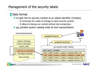 Management of the security labels

▐ Data format
           A tuple has its security context as an object identifier (4-bytes).
             • It minimizes the waste of storage to store security context.
             • It allows to lookup avc cached without text comparison.
           pg_seclabel system catalog holds its text representation.

           HeapTupleHeaderData
                                                                        seclabelTransIn()
                        :                                                                                                User
            uint16 t_infomask;
                                                                                              seclabelTransOut()
            uint16 t_infomask2;
              uint16 t_hoff;                                                                pg_seclabel system catalog

            Oid Security Identifier                                 relid      secid        seclabel
                                                                    1259 16384 'system_u:object_r:sepgsql_table_t:s0'
             Oid Object Identifier
                                                                    1259 16385 'system_u:object_r:sepgsql_ro_table_t:s0'
              Data containts                                        1259 16386 'system_u:object_r:sepgsql_sysobj_t:s0'
                                                                    2615 16408 'system_u:object_r:sepgsql_schema_t:s0'

 Page 43       The PostgreSQL Conference 2010, LAPP/SELinux -A secure web application stack using SE-PostgreSQL-
 