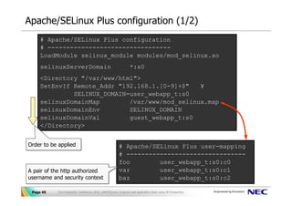 Apache/SELinux Plus configuration (1/2)
     # Apache/SELinux Plus configuration
     # ---------------------------------
     LoadModule selinux_module modules/mod_selinux.so
     selinuxServerDomain                                         *:s0
     <Directory "/var/www/html">
     SetEnvIf Remote_Addr "192.168.1.[0-9]+$"   ¥
              SELINUX_DOMAIN=user_webapp_t:s0
     selinuxDomainMap        /var/www/mod_selinux.map
     selinuxDomainEnv        SELINUX_DOMAIN
     selinuxDomainVal        guest_webapp_t:s0
     </Directory>


Order to be applied
Order to be applied                                      # Apache/SELinux Plus user-mapping
                                                         # --------------------------------
                                                         foo        user_webapp_t:s0:c0
A pair of the http authorized
A pair of the http authorized                            var        user_webapp_t:s0:c1
username and security context
username and security context                            baz        user_webapp_t:s0:c2

 Page 45   The PostgreSQL Conference 2010, LAPP/SELinux -A secure web application stack using SE-PostgreSQL-
 