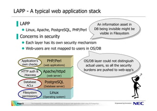 LAPP - A typical web application stack

▐ LAPP                                                                                                  An information asset in
                                                                                                         An information asset in
           Linux, Apache, PostgreSQL, PHP/Perl                                                         DB being invisible might be
                                                                                                       DB being invisible might be
                                                                                                          visible in Filesystem
                                                                                                           visible in Filesystem
▐ Concerns in security
           Each layer has its own security mechanism
           Web-users are not mapped to users in OS/DB


     Application's                  PHP/Perl                                            OS/DB layer could not distingiush
                                                                                         OS/DB layer could not distingiush
     own checks                (web applications)                                        actual users, so all the security
                                                                                          actual users, so all the security
     HTTP auth &              Apache/httpd                                              burdens are pushed to web-app's
                                                                                         burdens are pushed to web-app's
      .htaccess                     (web server)

          Database               PostgreSQL
            ACLs               (Database server)

      Filesystem                        Linux
     permissions              (Operating system)

 Page 5       The PostgreSQL Conference 2010, LAPP/SELinux -A secure web application stack using SE-PostgreSQL-
 