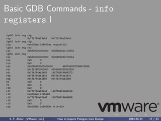 Basic GDB Commands - info
registers I
(gdb) info reg rsp
rsp 0x7fff84af3ab0 0x7fff84af3ab0
(gdb) info reg rip
rip 0x4005ea 0x4005ea <main+102>
(gdb) info reg rax
rax 0xb800000000000 3236962232172544
(gdb) info reg
rax 0xb800000000000 3236962232172544
rbx 0x0 0
rcx 0x0 0
rdx 0x405b800000000000 4637440978796412928
rsi 0xfffff00000000 4503595332403200
rdi 0x7fff84af3a50 140735419464272
rbp 0x7fff84af2fc0 0x7fff84af2fc0
rsp 0x7fff84af2fb0 0x7fff84af2fb0
r8 0x0 0
r9 0x0 0
r10 0x2 2
r11 0x7fff84af39a8 140735419464104
r12 0x4004a0 4195488
r13 0x7fff84af3bd0 140735419464656
r14 0x0 0
r15 0x0 0
rip 0x40065e 0x40065e <fib+62>
S. F. Akber (VMware, Inc.) How to Inspect Postgres Core Dumps 2014-05-23 17 / 33
 