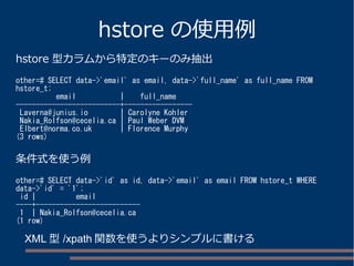 hstore の使用例 
hstore 型カラムから特定のキーのみ抽出 
other=# SELECT data->'email' as email, data->'full_name' as full_name FROM 
hstore_t; 
email | full_name 
--------------------------+----------------- 
Laverna@junius.io | Carolyne Kohler 
Nakia_Rolfson@cecelia.ca | Paul Weber DVM 
Elbert@norma.co.uk | Florence Murphy 
(3 rows) 
条件式を使う例 
other=# SELECT data->'id' as id, data->'email' as email FROM hstore_t WHERE 
data->'id' = '1'; 
id | email 
----+-------------------------- 
1 | Nakia_Rolfson@cecelia.ca 
(1 row) 
XML型/xpath関数を使うよりシンプルに書ける 
 