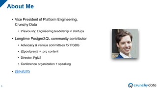 • Vice President of Platform Engineering,
Crunchy Data
• Previously: Engineering leadership in startups
• Longtime Postgre...