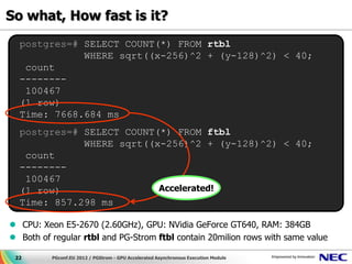 So what, How fast is it?
  postgres=# SELECT COUNT(*) FROM rtbl
             WHERE sqrt((x-256)^2 + (y-128)^2) < 40;
   count
  --------
   100467
  (1 row)
  Time: 7668.684 ms
  postgres=# SELECT COUNT(*) FROM ftbl
             WHERE sqrt((x-256)^2 + (y-128)^2) < 40;
   count
  --------
   100467
  (1 row)                 Accelerated!
  Time: 857.298 ms

 CPU: Xeon E5-2670 (2.60GHz), GPU: NVidia GeForce GT640, RAM: 384GB
 Both of regular rtbl and PG-Strom ftbl contain 20milion rows with same value

 22       PGconf.EU 2012 / PGStrom - GPU Accelerated Asynchronous Execution Module
 