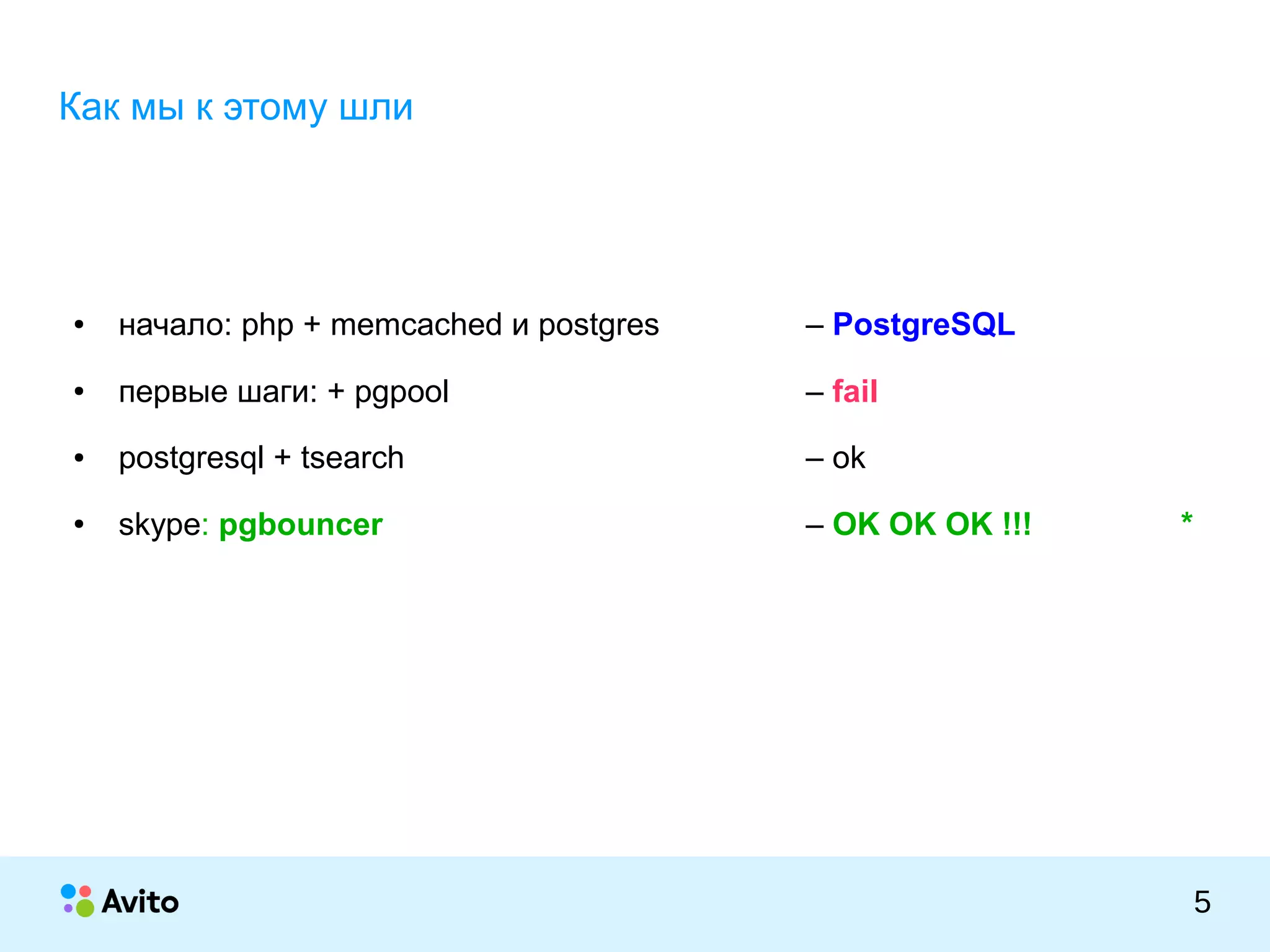 КОЛОНТИТУЛ:ТЕМАПРЕЗЕНТАЦИИ
5
Как мы к этому шли
● начало: php + memcached и postgres – PostgreSQL
● первые шаги: + pgpool – fail
● postgresql + tsearch – ok
● skype: pgbouncer – OK OK OK !!! *
 