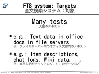 PGroonga 2 - Make PostgreSQL rich full text search system backend! Powered by Rabbit 2.2.2
FTS system: Targets
全文検索システム：対象...