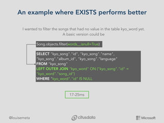 @louisemeta
An example where EXISTS performs better
I wanted to filter the songs that had no value in the table kyo_word y...