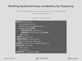 @louisemeta
Ranking backstreet boys vocabulary by frequency
The result being very long, we want to limit it to the words r...