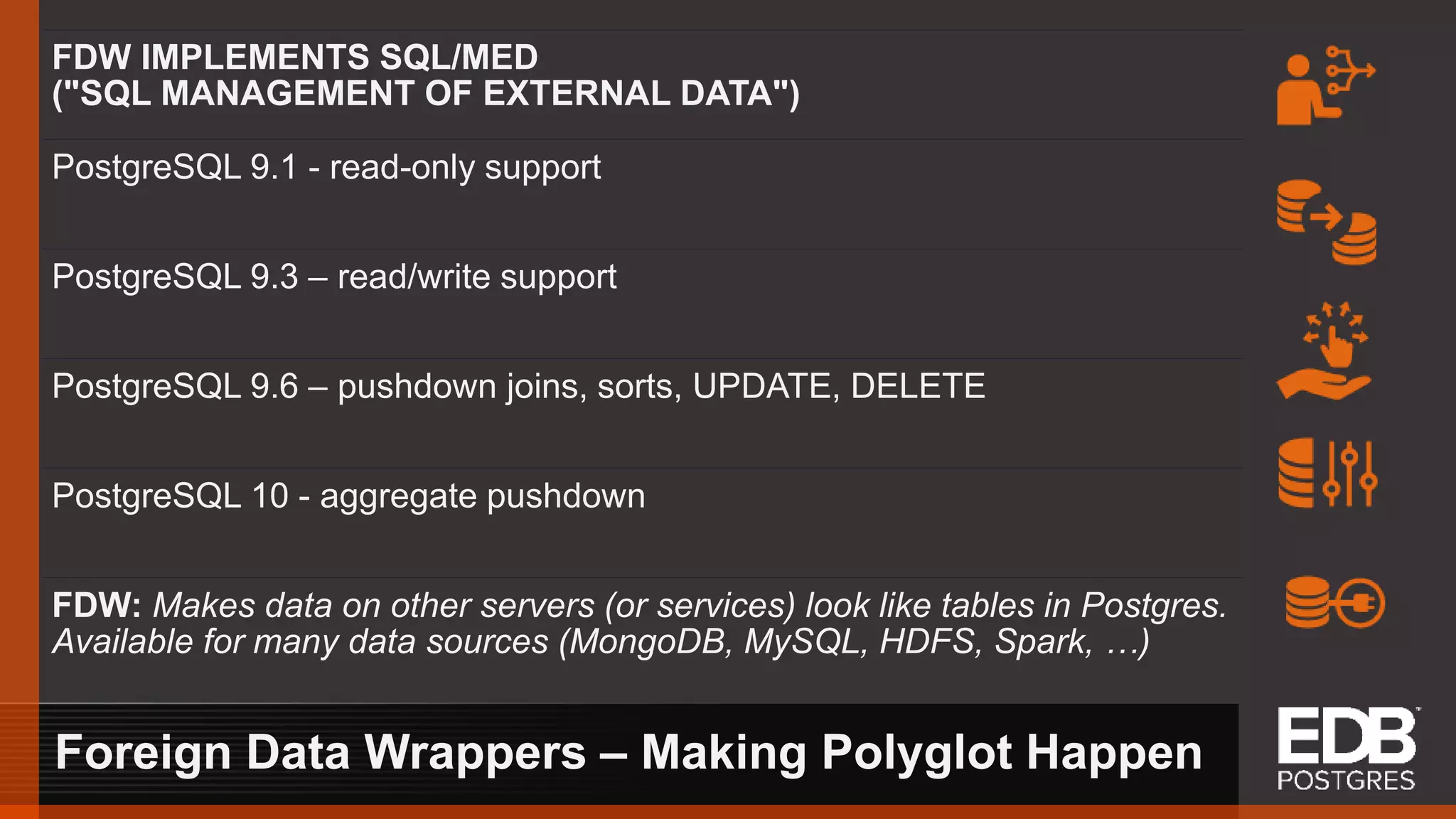 Foreign Data Wrappers – Making Polyglot Happen FDW IMPLEMENTS SQL/MED ("SQL MANAGEMENT OF EXTERNAL DATA") PostgreSQL 9.1 - read-only support PostgreSQL 9.3 – read/write support PostgreSQL 9.6 – pushdown joins, sorts, UPDATE, DELETE PostgreSQL 10 - aggregate pushdown FDW: Makes data on other servers (or services) look like tables in Postgres. Available for many data sources (MongoDB, MySQL, HDFS, Spark, …) 