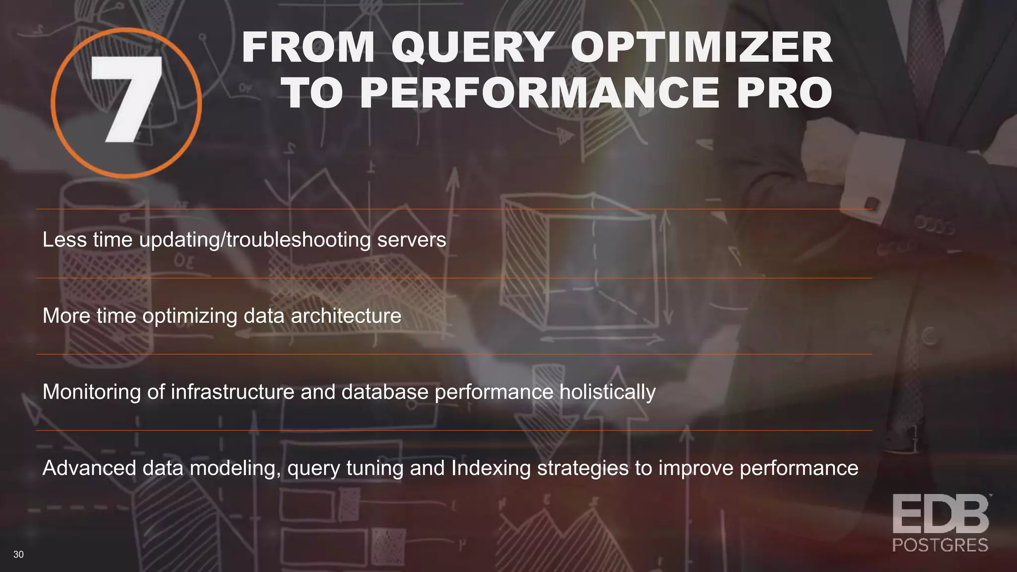 FROM QUERY OPTIMIZER TO PERFORMANCE PRO 30 Less time updating/troubleshooting servers More time optimizing data architecture Monitoring of infrastructure and database performance holistically Advanced data modeling, query tuning and Indexing strategies to improve performance 