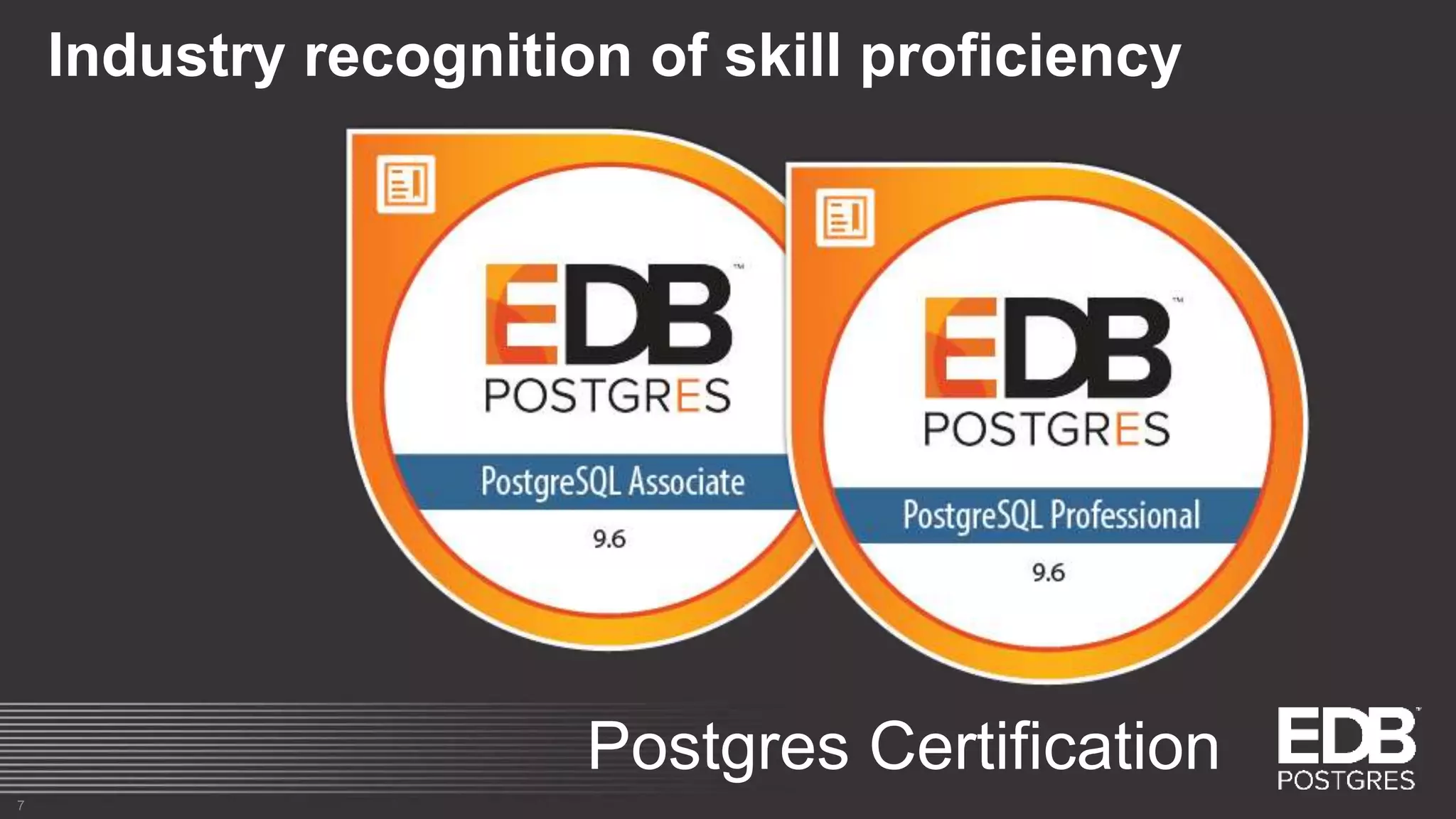 Industry recognition of skill proficiency 7 Postgres Certification 