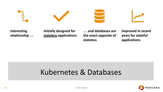 © 2021 Percona
Kubernetes & Databases
27
Interesting
relationship …
Initially designed for
stateless applications
… and da...