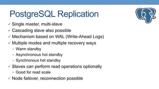 PostgreSQL Replication
ü  Single master, multi-slave
ü  Cascading slave also possible
ü  Mechanism based on WAL (Write-Ahead Logs)
ü  Multiple modes and multiple recovery ways
•  Warm standby
•  Asynchronous hot standby
•  Synchronous hot standby
ü  Slaves can perform read operations optionally
•  Good for read scale
ü  Node failover, reconnection possible
 