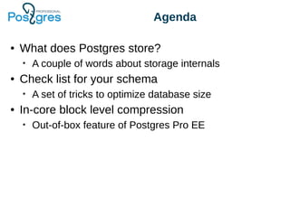 Agenda
● What does Postgres store?
• A couple of words about storage internals
● Check list for your schema
• A set of tricks to optimize database size
● In-core block level compression
• Out-of-box feature of Postgres Pro EE
 
