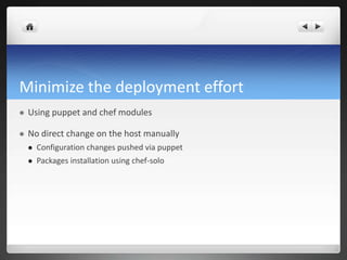 Minimize the deployment effort
 Using puppet and chef modules
 No direct change on the host manually
 Configuration changes pushed via puppet
 Packages installation using chef-solo
 