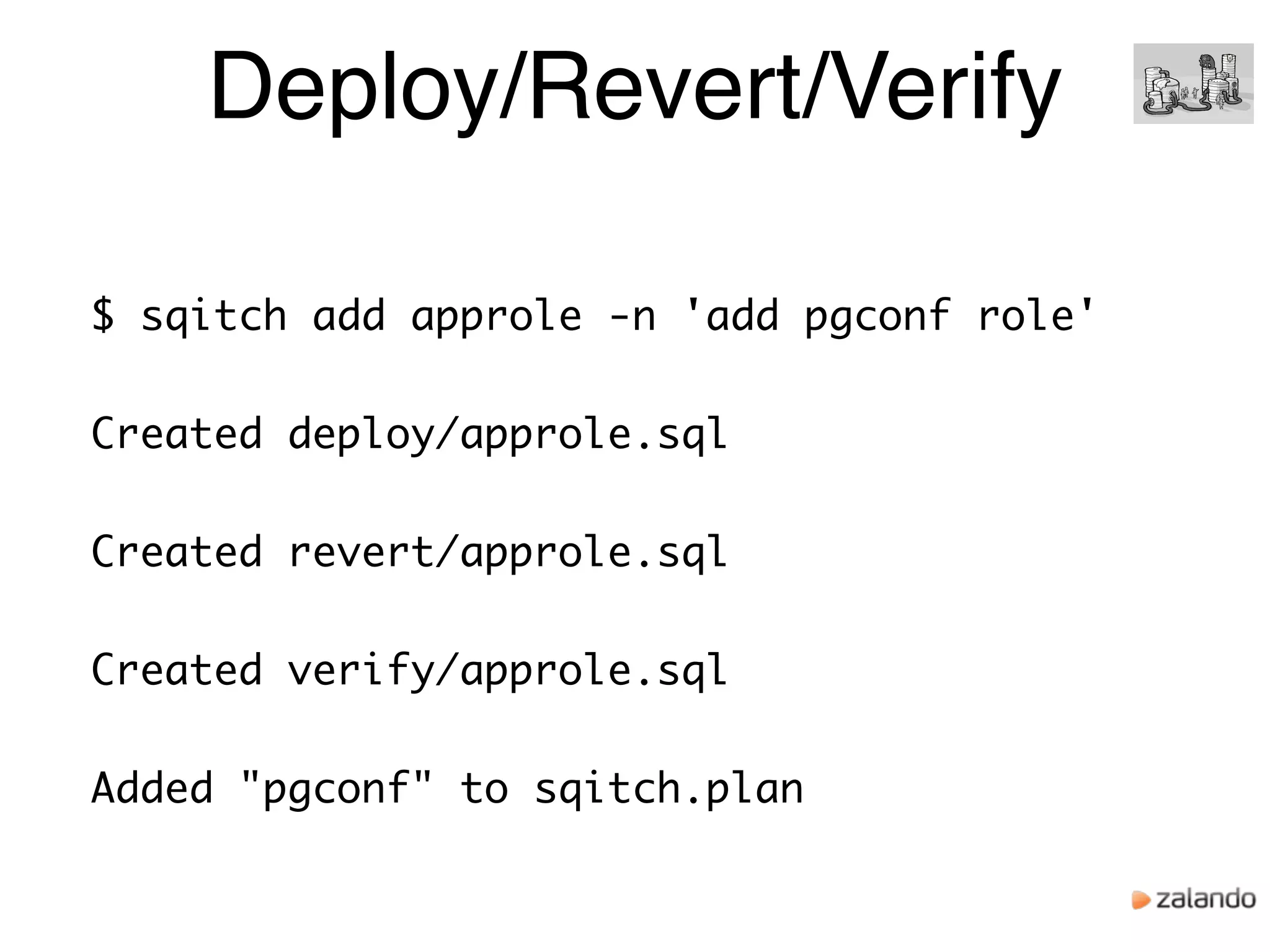 Deploy/Revert/Verify
$ sqitch add approle -n 'add pgconf role'
Created deploy/approle.sql
Created revert/approle.sql
Created verify/approle.sql
Added "pgconf" to sqitch.plan
 