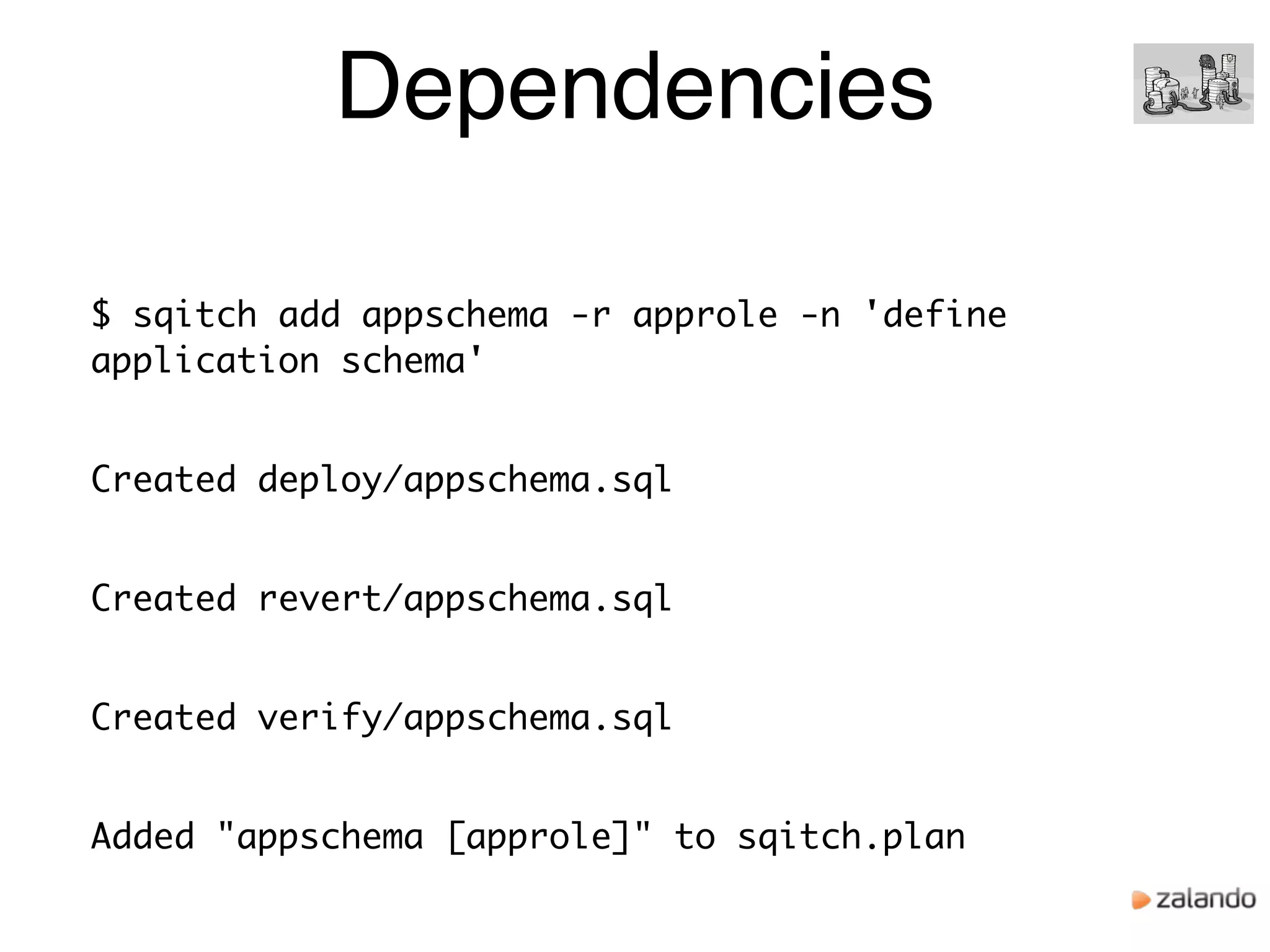 Dependencies
$ sqitch add appschema -r approle -n 'define
application schema'
Created deploy/appschema.sql
Created revert/appschema.sql
Created verify/appschema.sql
Added "appschema [approle]" to sqitch.plan
 