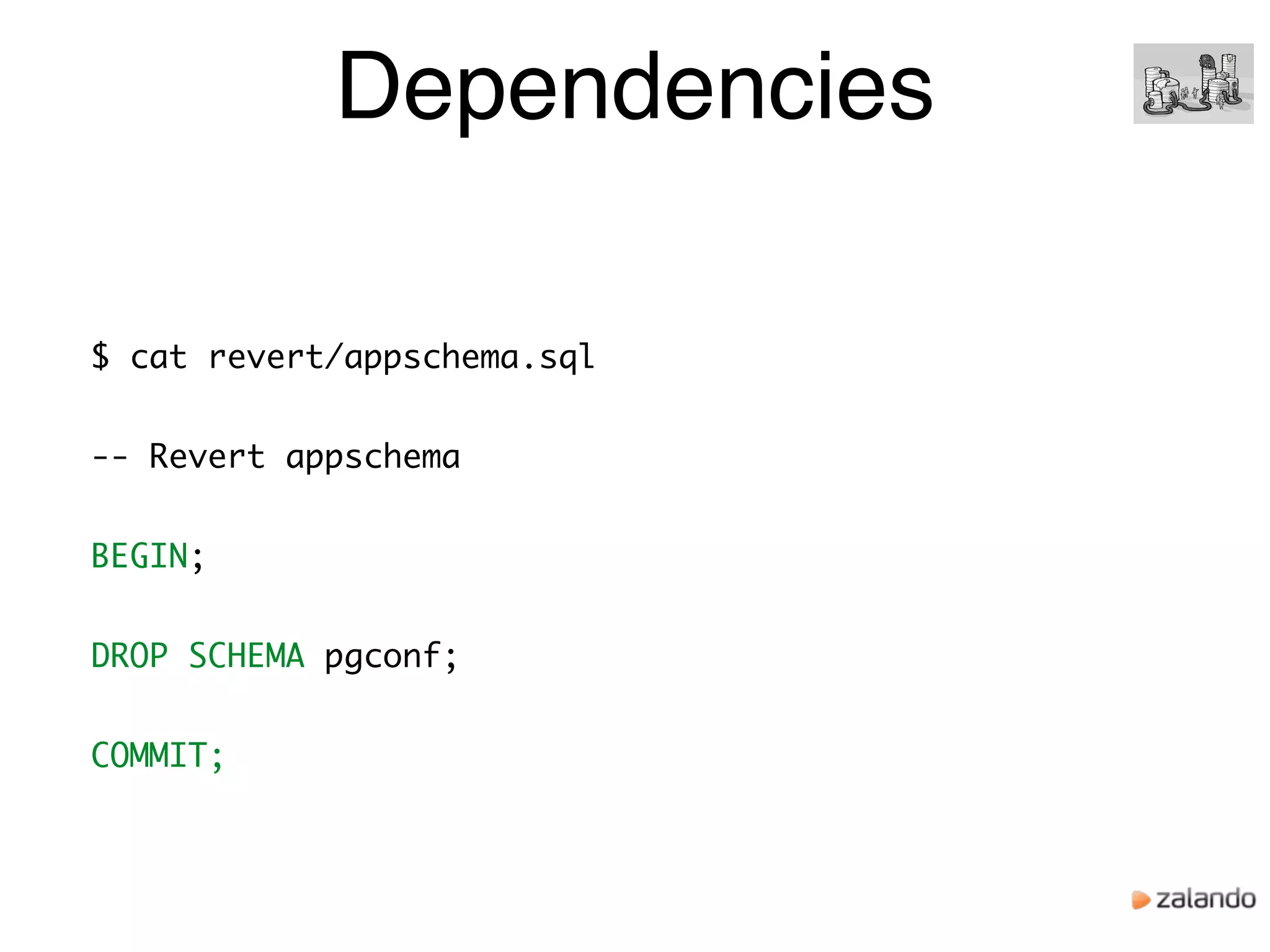 Dependencies
$ cat revert/appschema.sql
-- Revert appschema
BEGIN;
DROP SCHEMA pgconf;
COMMIT;
 