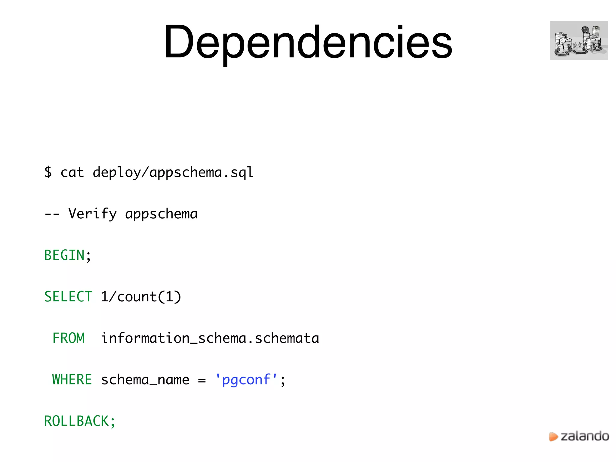 Dependencies
$ cat deploy/appschema.sql
-- Verify appschema
BEGIN;
SELECT 1/count(1)
FROM information_schema.schemata
WHERE schema_name = 'pgconf';
ROLLBACK;
 