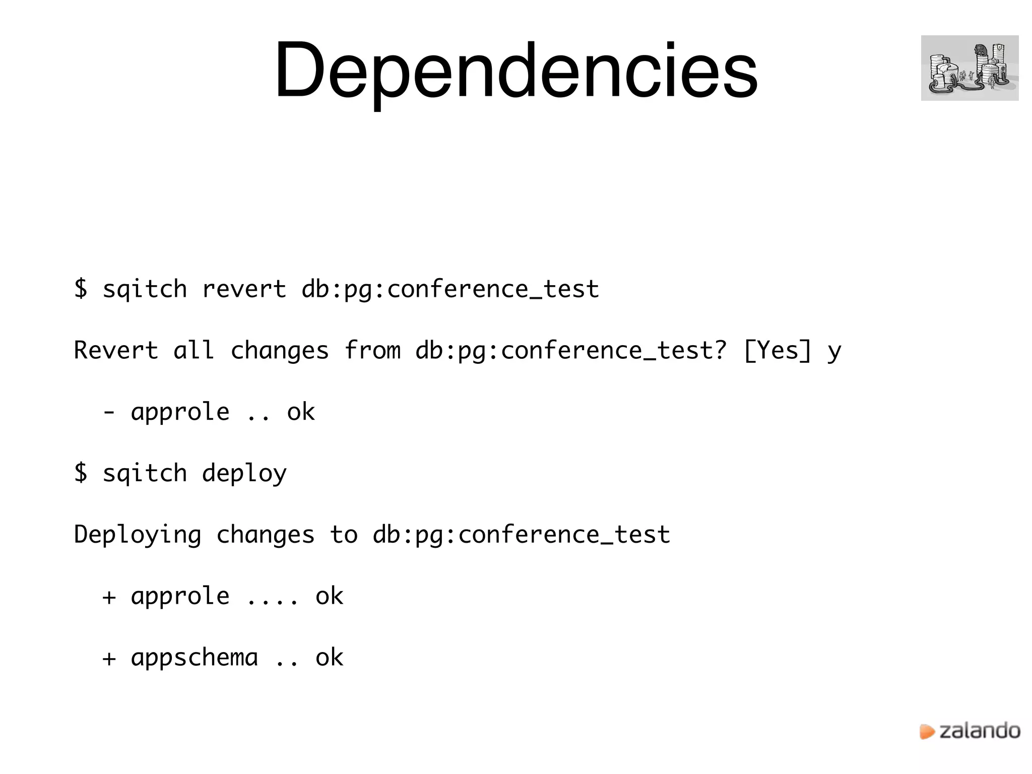 Dependencies
$ sqitch revert db:pg:conference_test
Revert all changes from db:pg:conference_test? [Yes] y
- approle .. ok
$ sqitch deploy
Deploying changes to db:pg:conference_test
+ approle .... ok
+ appschema .. ok
 
