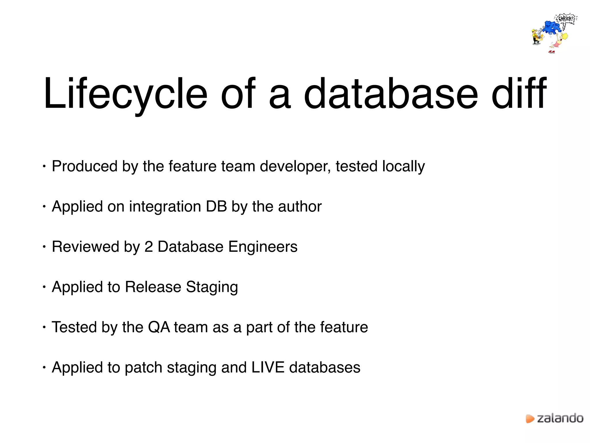 Lifecycle of a database diff
• Produced by the feature team developer, tested locally
• Applied on integration DB by the author
• Reviewed by 2 Database Engineers
• Applied to Release Staging
• Tested by the QA team as a part of the feature
• Applied to patch staging and LIVE databases
 