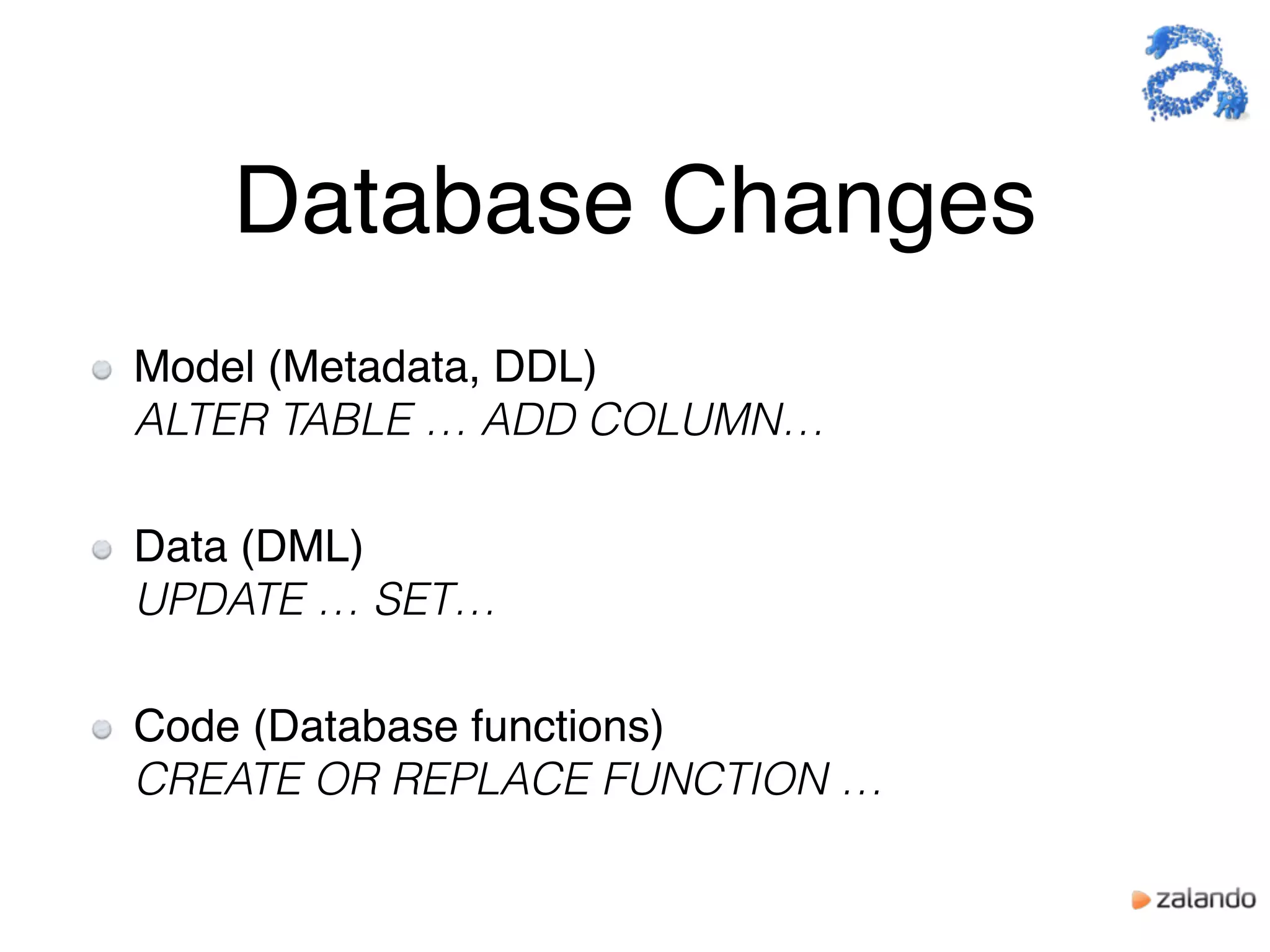 Database Changes
Model (Metadata, DDL)  
ALTER TABLE … ADD COLUMN…
Data (DML) 
UPDATE … SET…
Code (Database functions) 
CREATE OR REPLACE FUNCTION …
 