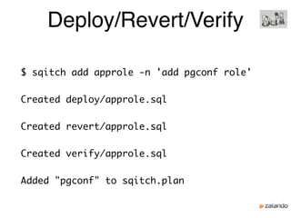 Deploy/Revert/Verify
$ sqitch add approle -n 'add pgconf role'
Created deploy/approle.sql
Created revert/approle.sql
Created verify/approle.sql
Added "pgconf" to sqitch.plan
 