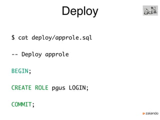 Deploy
$ cat deploy/approle.sql
-- Deploy approle
BEGIN;
CREATE ROLE pgus LOGIN;
COMMIT;
 