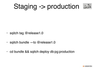 Staging -> production
• sqitch tag @release1.0
• sqitch bundle —to @release1.0
• cd bundle && sqitch deploy db:pg:production
 