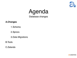 Agenda
A.Changes
1.Schema
2.Sprocs
3.Data Migrations
B.Tools
C.Zalando
Database changes
 